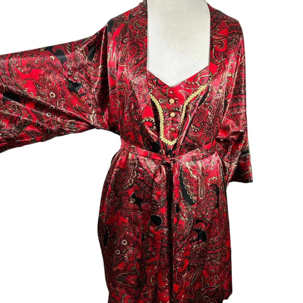 VTG Peignoir Babydoll California Dynasty Nightgown Satin Paisley Robe Set Sz L